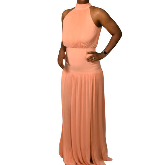 Veronica Beard Lilliana Dress Orange Halter High Neck Plisse Long Evening Gown 2 - Picture 13 of 16